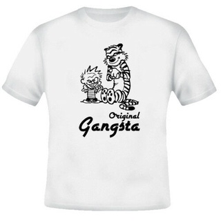 เสื้อยืดสีขาวเสื้อยืด พิมพ์ลาย Calvin Hobbes Gangsta ขนาดใหญ่ สไตล์ฮิปฮอป แบบดั้งเดิมS-4XL