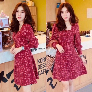 TW12330 Dress เดรสคอเหลี่ยมกระดุมหน้า ผ้าโฟร์เวย์ลายจุด งานสวย แขน 2 ข้างแต่งพองๆ