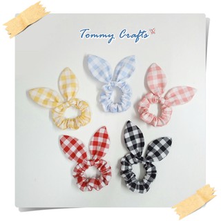 โดนัทรัดผมหูกระต่าย ยางรัดผม ลายตารางใหญ่ ผ้าคอตตอน Bunny Ears cotton scrunchies