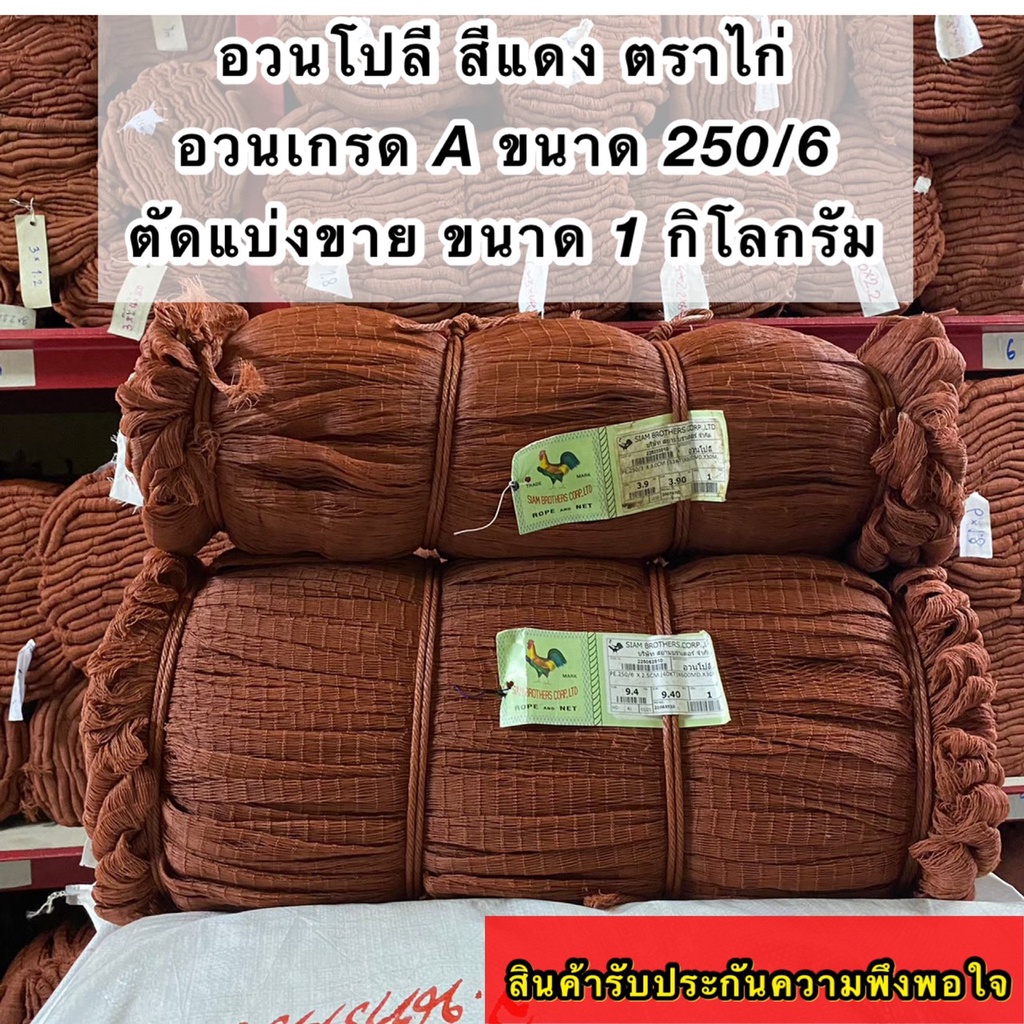 อวนโปลีสีแดง ตราไก่ เป็นอวนเกรดA จำหน่ายแบ่งขายเป็น 1กิโล ขนาด 250/6 * 1.5- 3.0 ซม.* 600ตา(ขนาดตาอวนอยู่ในตัวเลือกสินค้า