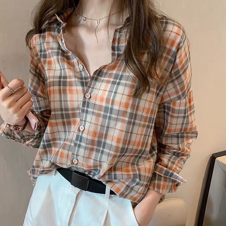 เสื้อเชิ้ตแขนยาว ทรงหลวม ลายสก๊อต สำหรับผู้หญิง