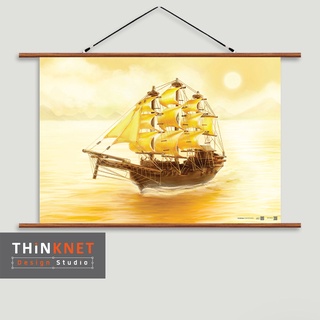 ภาพแขวนผนังภาพเรือสำเภาทอง ใบโค้ง 9 ใบ: หันขวา 9 Square-rigged Sails Gold Junk Ship: Heading to the Right Direction