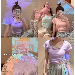 เก๋ไก๋ออกแบบสั้น drawstring TOP ผู้หญิง 2021 ฤดูร้อนสาวร้อน V คอ Slim Cropped สะดือแขนสั้นเสื้อยืดผู้หญิงแนวโน้ม AYFC046