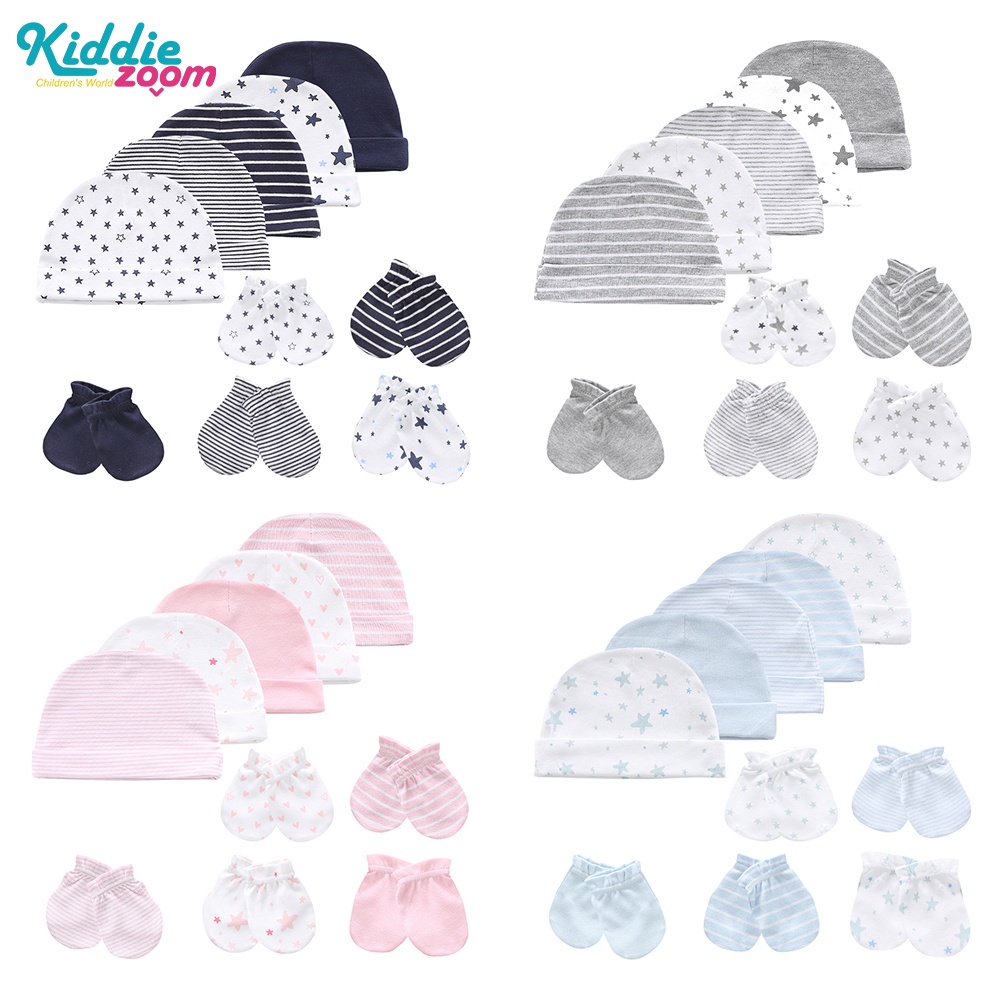 Kiddiezoom ผ้าฝ้าย100%หมวก5+ถุงมือ5หมวกทารกแรกเกิด หมวกเด็กหญิงความปลอดภัยใบหน้ารอยขีดข่วนทนป้องกันผิวเด็กวัยหัดเ