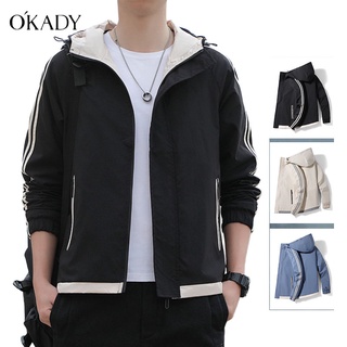 OAKDY เสื้อแจ็คเก็ตผู้ชาย ฤดูใบไม้ผลิและฤดูใบไม้ร่วงของผู้ชายแจ็คเก็ตใหม่ขาวดำมีฮู้ดแฟชั่นเสื้อลำลองแนวโน้มหลวมแจ็คเก็ตที่อบอุ่น