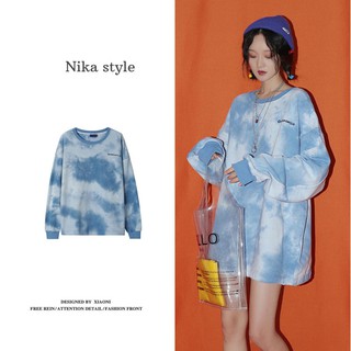 Nika style เสื้อแฟชั่น เสื้อแขนยาว เสื้อคลุม เสื้อผ้าแฟชั่นเกาหลี  ลายมัดย้อม เสื้อแขนยาวคอกลมเนื้อผ้าสบาย