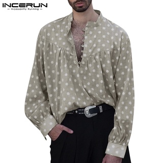 Incerun เสื้อเชิ้ตแขนยาว ทรงหลวม ลายจุด ติดกระดุม สไตล์วินเทจ แฟชั่นสําหรับผู้ชาย