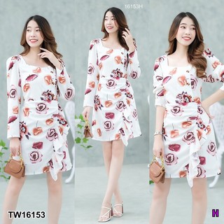 PP16153 Minidresses แขนยาวทรงคอเหลี่ยม ลายดอก แต่งผ้าระบาย