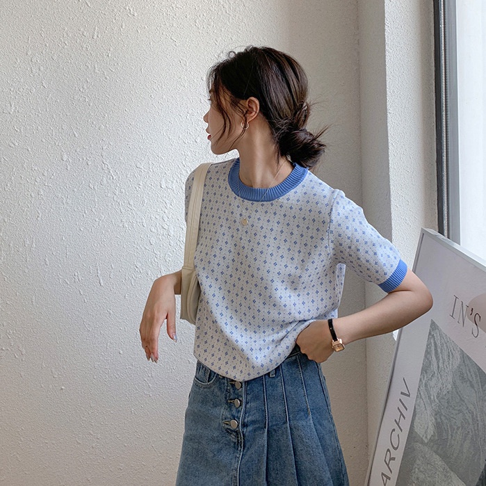 มี 3 สี!!!เสื้อสเวตเตอร์ถัก แขนสั้น คอกลม แบบบาง สำหรับผู้หญิง เสื้อยืด