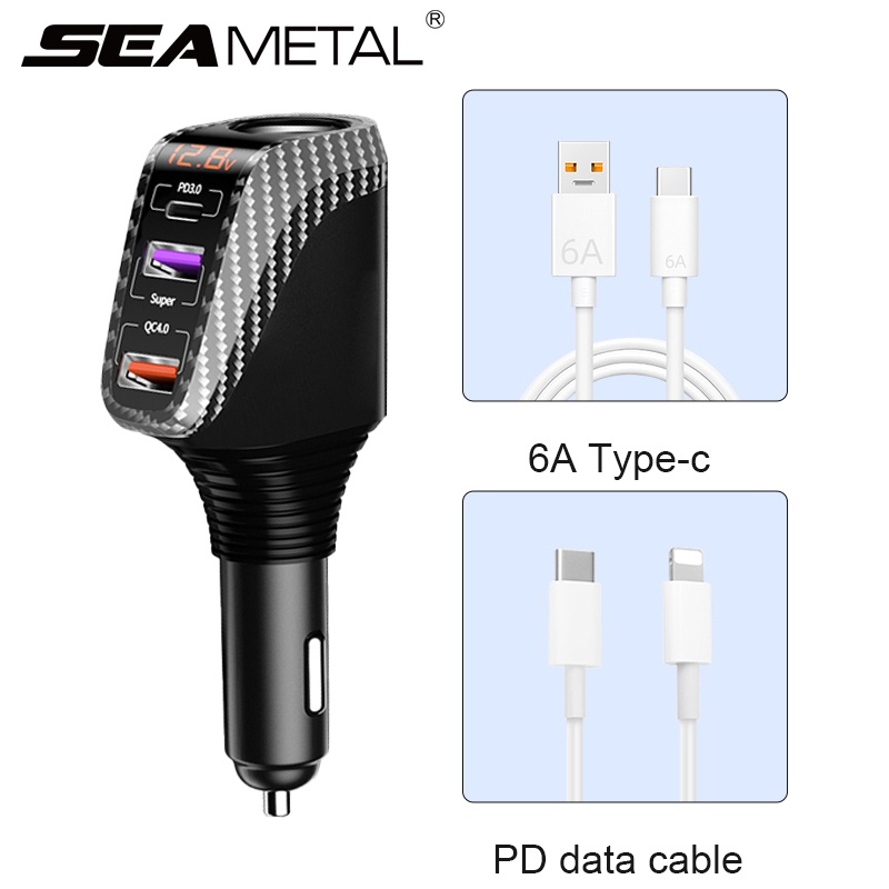 SEAMETAL QC4.0 ที่ชาร์จแบตในรถ การชาร์จเร็วสุด 12V 24V PD3.0 Type C ที่จุดบุหรี่แบบ USB คู่ เต้ารับไฟฟ้าในรถยนต์ ตัวแยก อะแดปเตอร์ Car Charger Super Fast Charging Power Socket Splitter Adapter