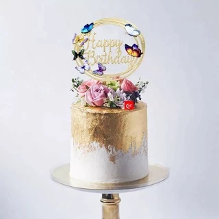 ป้ายวันเกิด ป้ายปักเค้กอะคริลิค ป้ายhappy birthday ดอกไม้ พิมพ์สี สีทอง