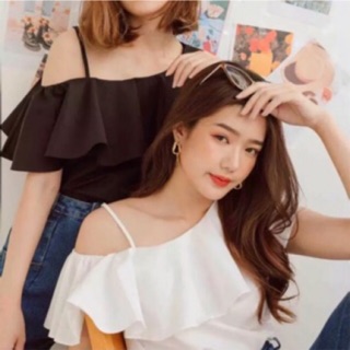 เสื้อสายเดี่ยวเบี่ยงไหล่ระบาย (พร้อมส่งขาว/ดำ/ชมพู)