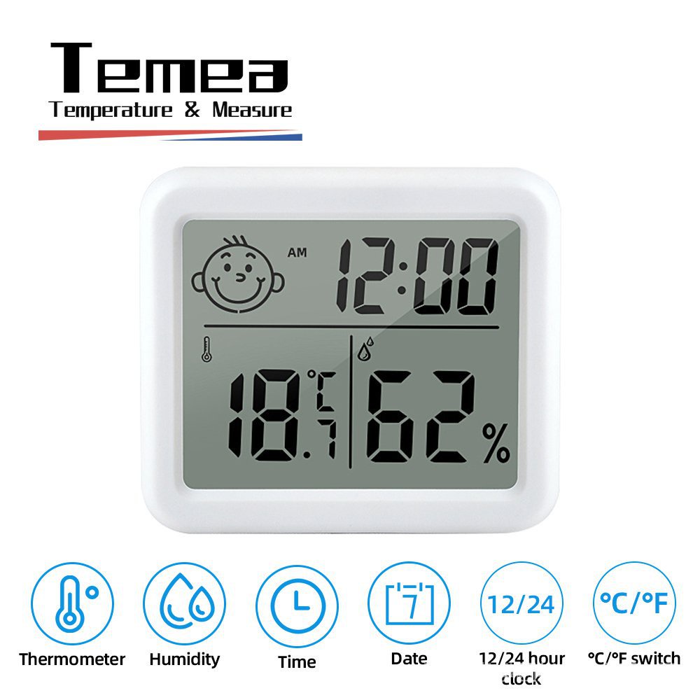 Temea เครื่องวัดอุณหภูมิความชื้น นาฬิกาดิจิทัล จอแอลซีดี เทอร์โมมิเตอร์ เซนเซอร์อุณหภูมิ มาตรวัดความชื้นในร่ม เกจวัดสภาพอากาศ