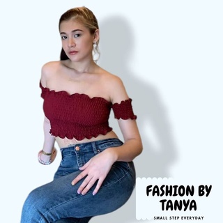 FASHION BY TANYAเกาะอกสม็อค คร้อปสั้น เปิดไหล่ สม็อคแน่นรอบตัว แขนเกาะ