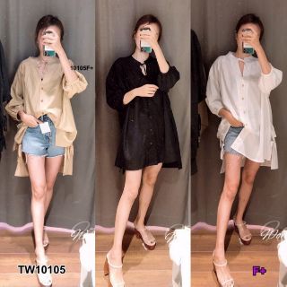 &lt;TW10105&gt;Mini Dress มินิเดรสสีพื้น ผ้าคอตตอนแขนศอก ติดกระดุมหน้า ชายไม่เท่ากันคอผูกเชือก ชาย 2 ข้างผูกชือก