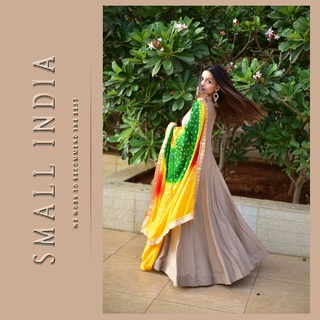 {**ส่งฟรี**} SMALL INDIA 👗 Chinon Foil Print ชุดเซ็ทเดรสผ้าคลุมใหล่ 👗 Women Gown Dress