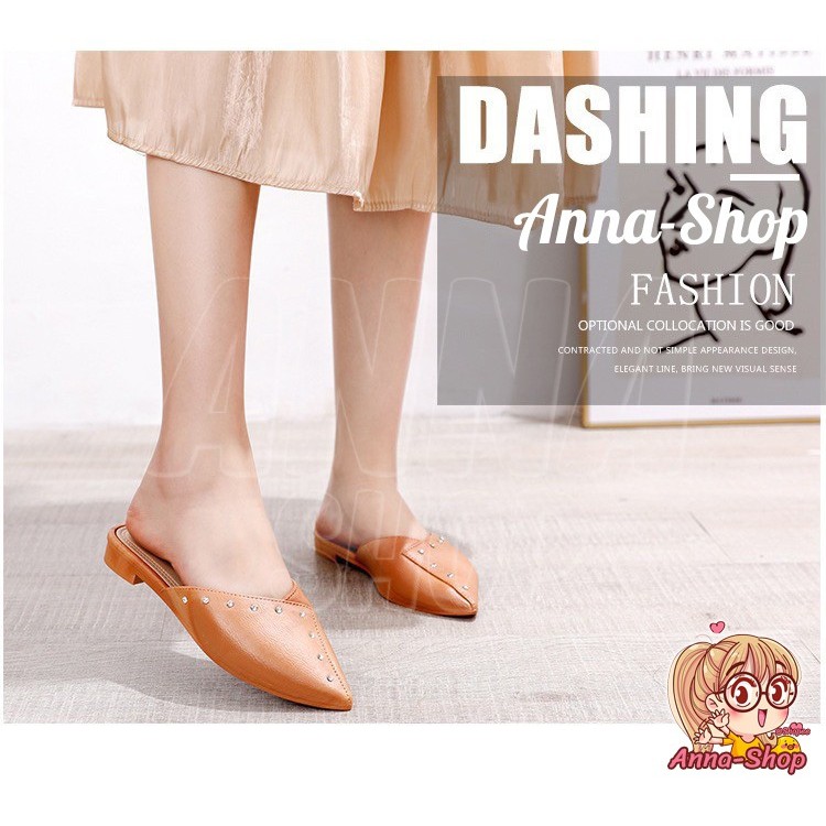 👡🩰รองเท้าหัวแหลมแต่งหมุด เปิดส้น 🎈👒นิ่ม สวมใส่สบาย เวอร์ชั่นเกาหลี T21