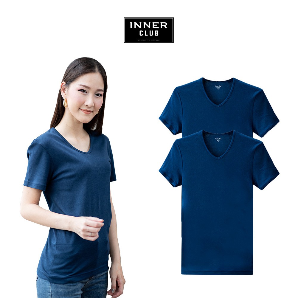 Inner Club เสื้อยืดคอวี ผู้หญิง สีกรมท่า Cotton 100% (แพค 2 ตัว)