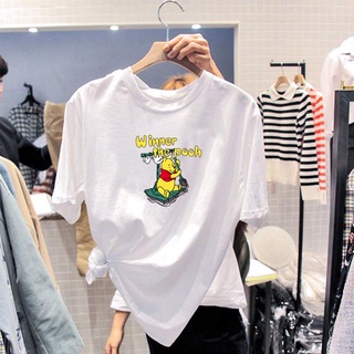 เสื้อวินเทจชาย - เสื้อยืดฤดูร้อน Oversize Plus ขนาดผู้หญิง XXL คอกลมแขนสั้นผ้าฝ้าย Winnie the Pooh