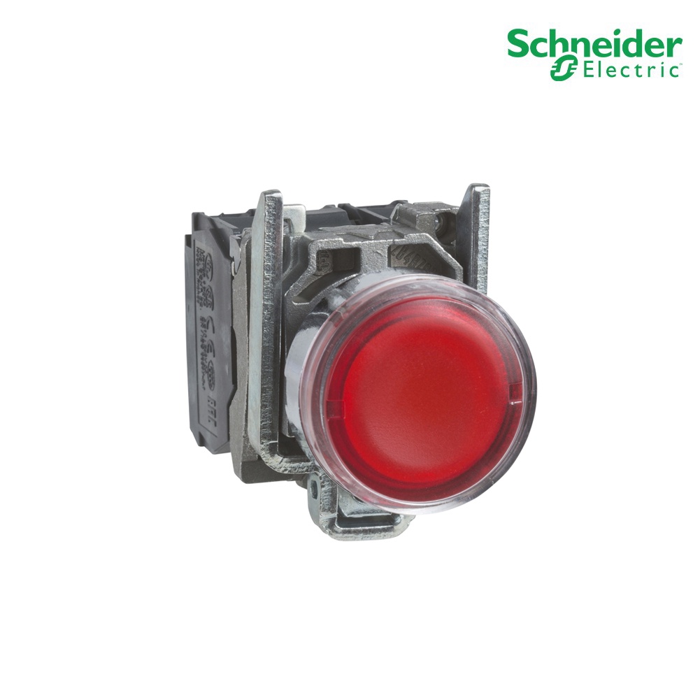 Schneider  XB4BW34M5 ปุ่มกดไพล็อทแลมป์  LED หัวเรียบกดเด้ง Ø 22 มม.สีแดง 1 NO + 1 NC , 220 - 240 VAC