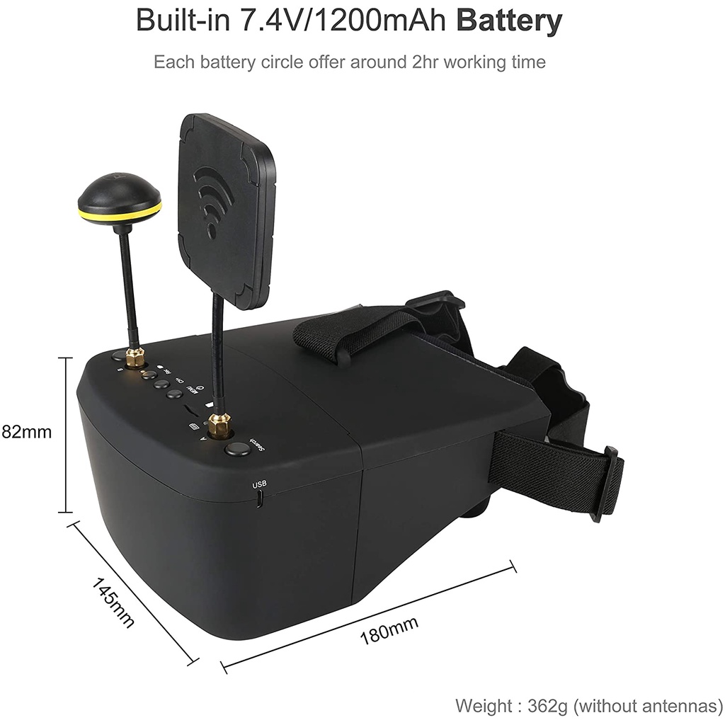 แว่นตา FPV 5 นิ้ว พร้อมเสาอากาศคู่ DVR EV800D 16:9 5.8G 40CH 800x480 แบตเตอรี่ 2S 7.4V 1200mAh