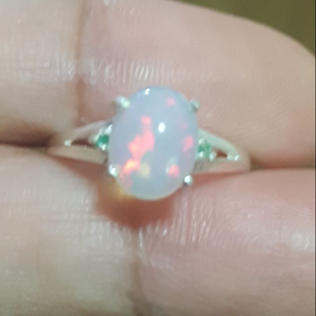 แหวนเงินแท้ โอปอลแท้ มรกตแท้ Size 6 (Natural Opal Ring)