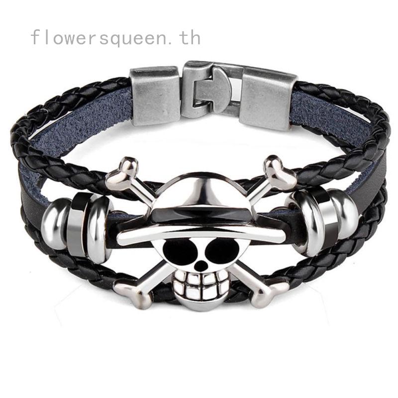 flowersqueen สร้อยข้อมือหัวกะโหลกสีดำแฟชั่น Unisex