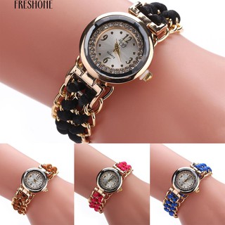 เฟรสโซโฟนแฟชั่นสตรี Rhinestone สร้อยข้อมือเชือกถัก Quartz นาฬิกาข้อมือแบบอนาล็อก