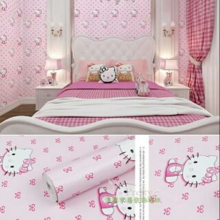 kawaiibed K3 วอลเปเปอร์สติ๊กเกอร์ติดผนังลายคิตตี้ ขนาดกว้าง 45 เซน ยาว 10 เมตร ราคาถูกสุดๆ