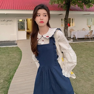 💥เตรียมจัดส่ง💫💥เดรสคอปกปักลายหวานๆ กระโปรง เดรสแขนพอง เดรสยีนส์ กระโปรงทรงเอ