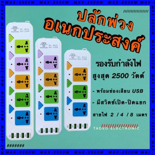 ปลั๊กไฟ ปลั๊กพ่วง ปลั๊ก3ตา รางปลั๊กไฟ มีช่องปลั๊กไฟ USB ปลั๊กไฟเอนกประสงค์ยาว2เมตร