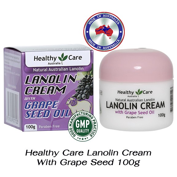 ครีมรกแกะแท้ ครีมออสเตรเลียแท้ สูตรผสมสารสกัดจากเมล็ดองุ่น Healthy Care Lanolin Cream With Grape Seed 100g
