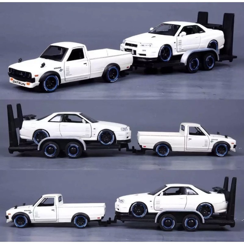 โมเดลรถกระบะDATSUN 620PICK-UP ปี1973 & NISSAN SKYLINE R34 GT-R 1:24 แบบแพ็คคู่มาพร้อมรถพ่วงขนย้ายเป็