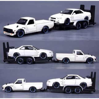 โมเดลรถกระบะDATSUN 620PICK-UP ปี1973 &amp; NISSAN SKYLINE R34 GT-R 1:24 แบบแพ็คคู่มาพร้อมรถพ่วงขนย้ายเป็นงานโมเดลตั้งโชว์