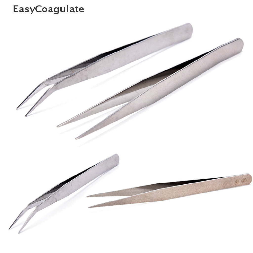 Eas 2pcs Stainless Steel Straight Elbow Tweezers Patchwork Hook Pick-up Makeup Tools Ate