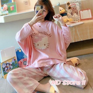 Pajamas Hello Kitty ชุดนอนสไตล์เกาหลี ชุดนอนผ้าคอตตอน ชุดนอนคิตตี้ สีชมพูหวานๆ น่ารักเว่อร์💕💕