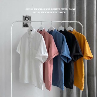 【kin18】เสื้อเชิ้ตแขนสั้น สีพื้น สไตล์เกาหลี สำหรับผู้ชาย