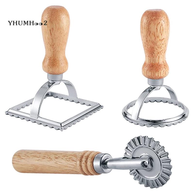 3Pcs Ravioli Stamp Maker Cutter with Roller Wheel Set,Mold with Wooden Handle for Pasta,Dumplings La