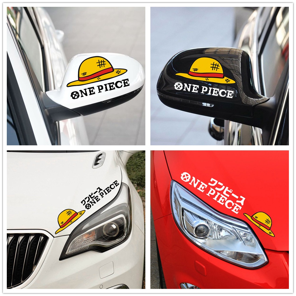 2PCS สติกเกอร์รถอะนิเมะ ONE PIECE หมวกฟางโจรสลัด Luffy Decals สําหรับกระจกมองหลังหัวไฟ Hood รถจักรยานยนต์