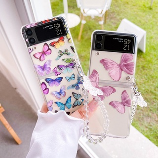 เคสโทรศัพท์มือถือ PC แข็ง แบบใส กันกระแทก ลายผีเสื้อ พร้อมสายคล้องมือ สําหรับ Samsung Galaxy Z Flip 3 ZFlip3 5G