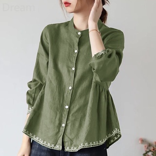 Korean style high-end stand collar shirt Womens cotton and linen long-sleeved doll shirt A- line loose belly-covering shirt large size womens clothing