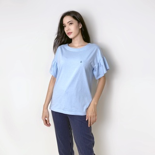 PORTLAND เสื้อยืดแขนสั้น คอปาด แขนระบาย สีพื้น (สีฟ้า) / Ruffle Sleeves Solid T-Shirt (Blue)