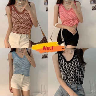 No.1🍒พร้อมส่ง🍒เสื้อกล้ามคอวีลายตาราง สายฝอเซ็กซี่(8617)