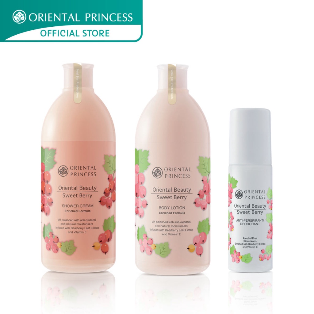 โลชั่น ครีมอาบน้ำ ลูกกลิ้ง Oriental Princess แพ็ค 3 ชิ้น Oriental Beauty Sweet Berry Shower Cream &amp; Body &amp; Deodorant