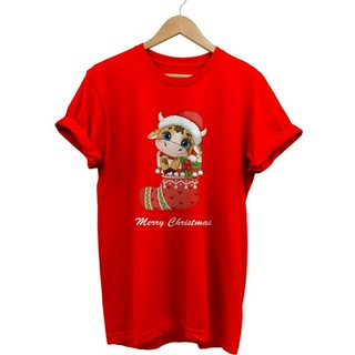 Christmas MERRY CHRISTMAS T-Shirt MOO STOCKING COW CHUBBY COMBED 30S CHRISTMAS Clothesเสื้อยืดสวยๆ