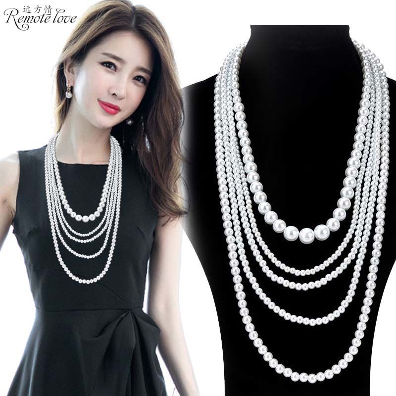 Elegant Multi-Layer Pearl สร้อยคอผู้หญิงเกาหลีสไตล์ Elegant ลูกปัดยาวสร้อยคอเสื้อกันหนาวเจ้าสาวเครื่
