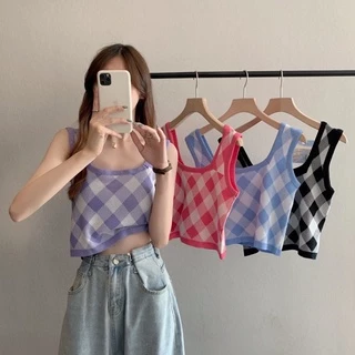 💛💚MKL💛💚 พร้อมส่ง เสื้อครอปไหมพรม ลายตาราง น่ารัก ทรงสวย สไตลเกาหลี มี 4 สีให้เลือก 💙💗 #9185