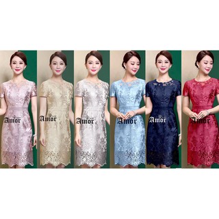 Glamorous Embroidery Dress ชุดเดรสสวมใส่ออกงาน ลูกไม้ปักถักทอเงางามแขนสั้นทรงสวย LA216