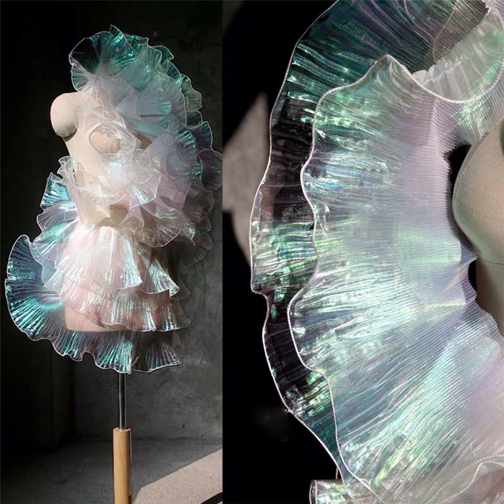 ผ้าลูกไม้ออแกนซ่า สีขาว ไล่โทนสี กว้าง 15 ซม. 1 ปี สําหรับตกแต่งชุดเดรส DIY