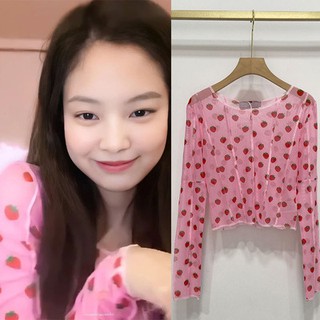 blackpink jennie เสื้อยืดคอกลมแขนยาวพิมพ์ลายสตรอเบอรี่